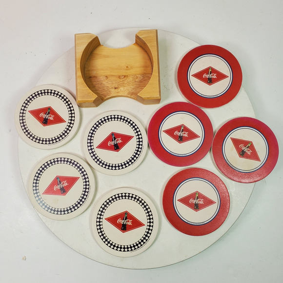 Vintage Coca Cola Coasters 4 Inch SET OF 8 + Wood Holder - Picture 2 of 3